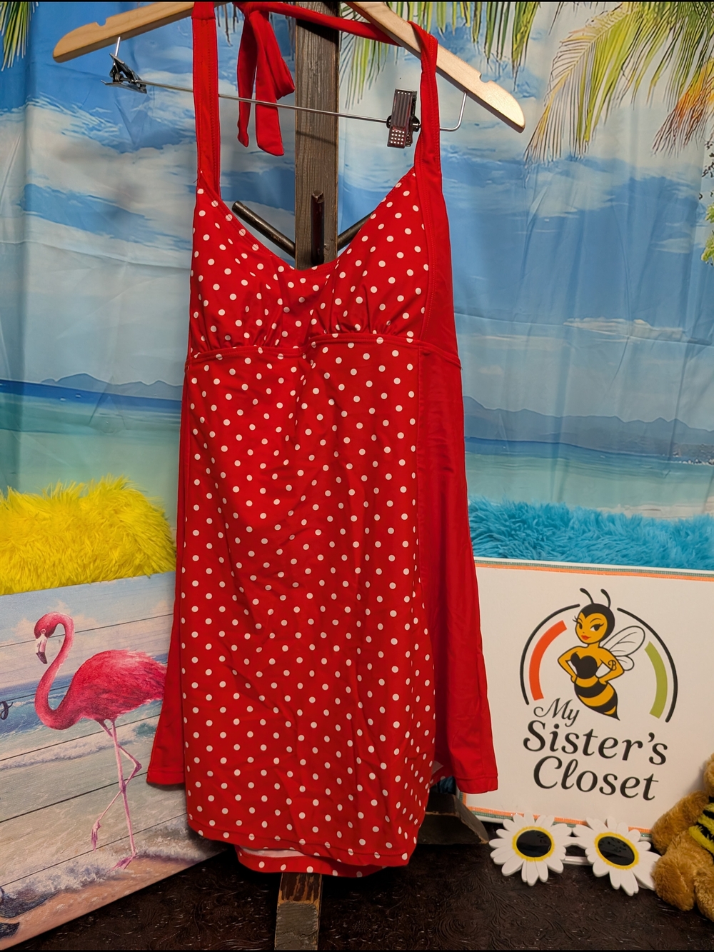 Basic Editions Red Polka Dot Womens One-Piece Swim Dress With Bottoms